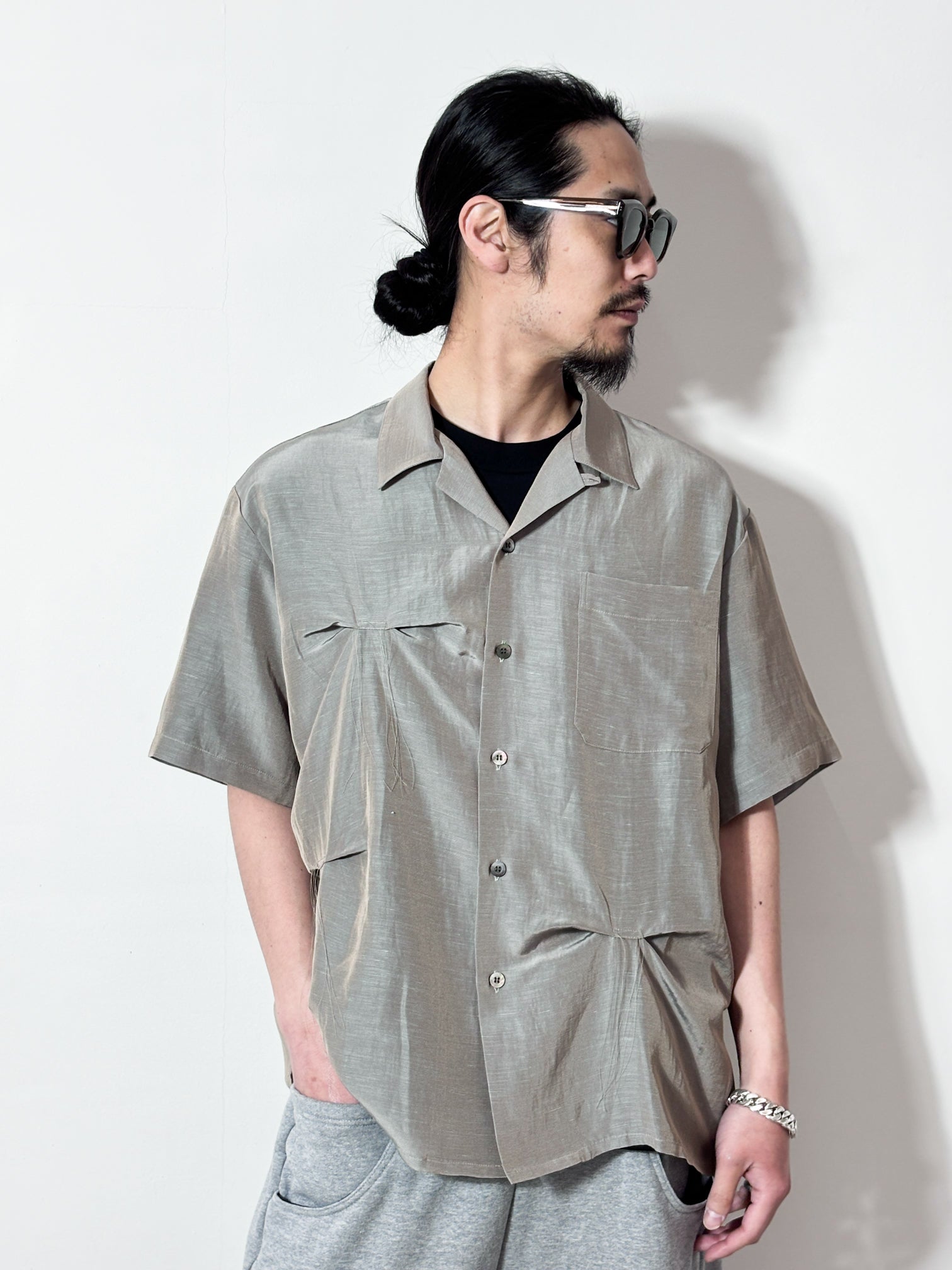 JIEDA / HAND STITCH OPEN COLLAR SHIRT S/S (OLIVE GRAY)