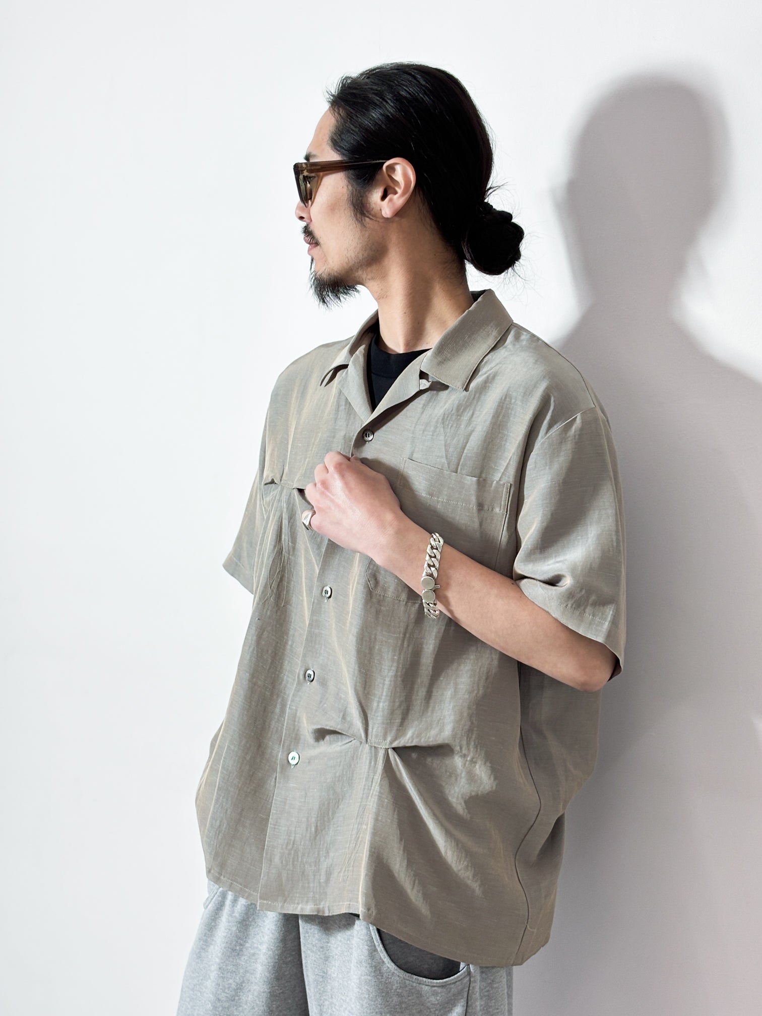 JIEDA / HAND STITCH OPEN COLLAR SHIRT S/S (OLIVE GRAY)