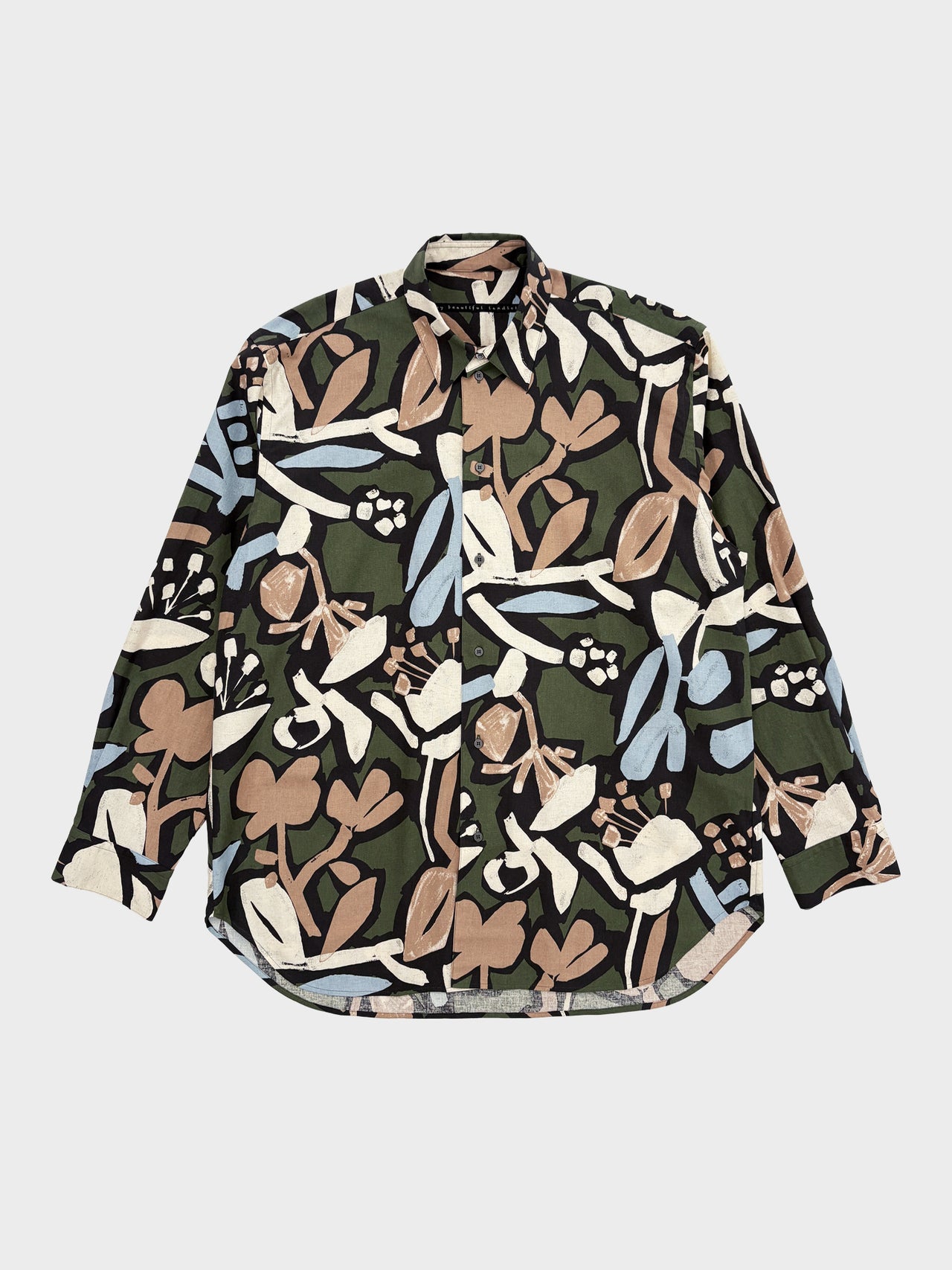 my beautiful landlet / FLORAL PIGMENT PRINT OVERSIZE SHIRT (GREEN)