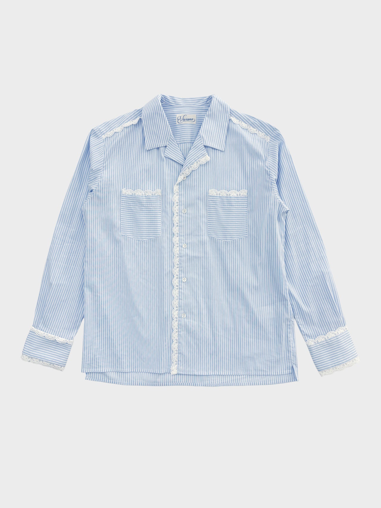 【3月20日(金)12:00販売開始】VIVIANO / LACE TRIMMED OPEN COLLAR SHIRT (BLUEST)