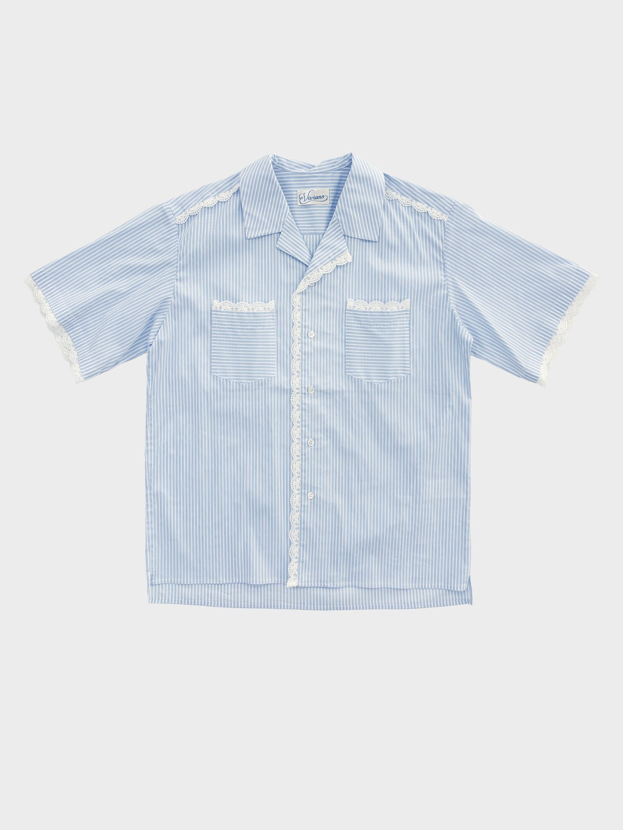 【3月20日(金)12:00販売開始】VIVIANO / LACE TRIMMED OPEN COLLAR S/S SHIRT  (BLUEST)