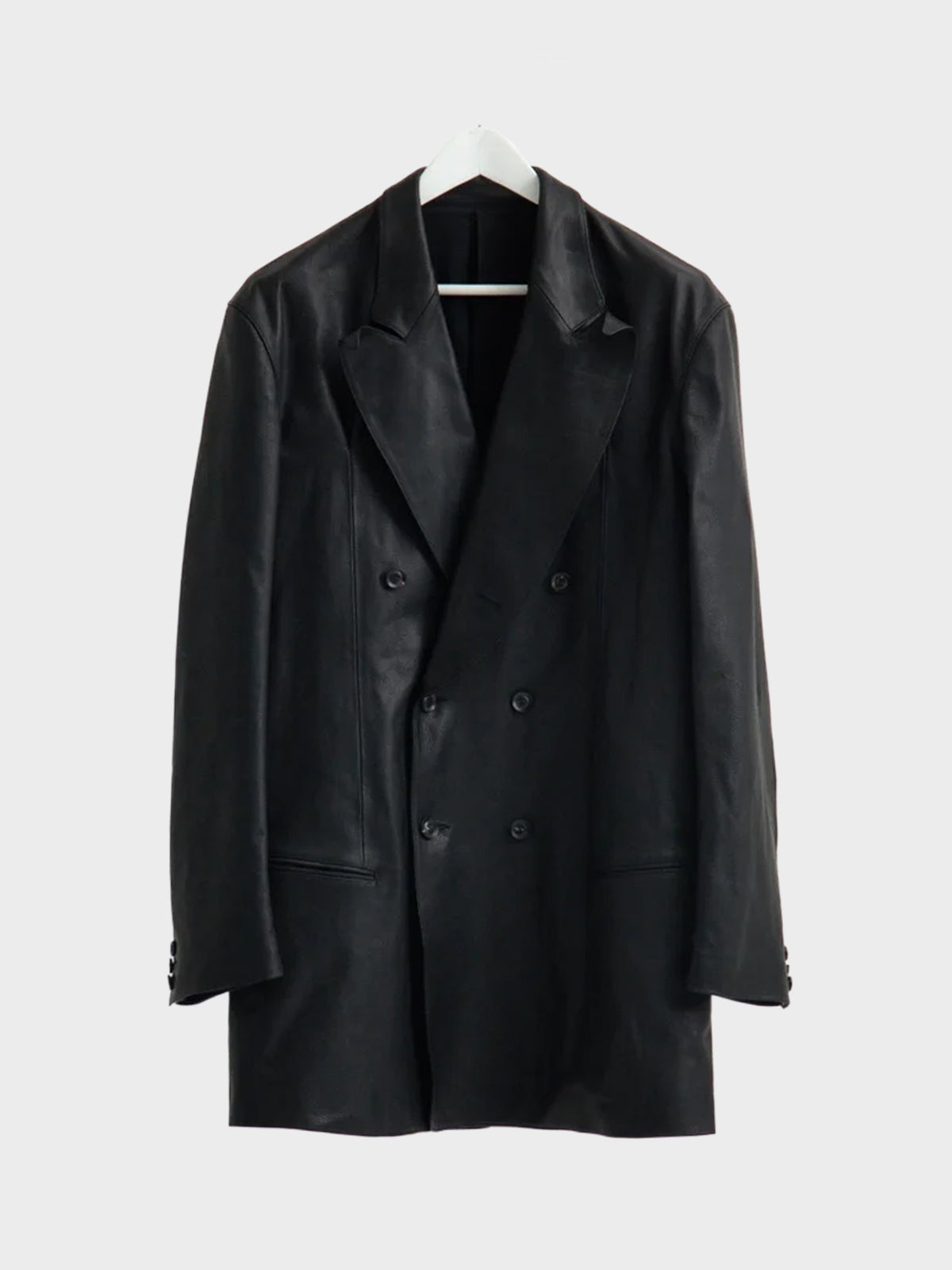 【10月24日(土)発売)】SOSHIOTSUKI / OILED LEATHER BOWED LAPEL JACKET (BLACK)