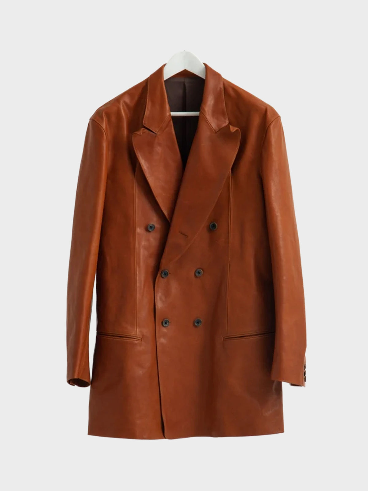 【10月24日(土)発売)】SOSHIOTSUKI / OILED LEATHER BOWED LAPEL JACKET (CAMEL)