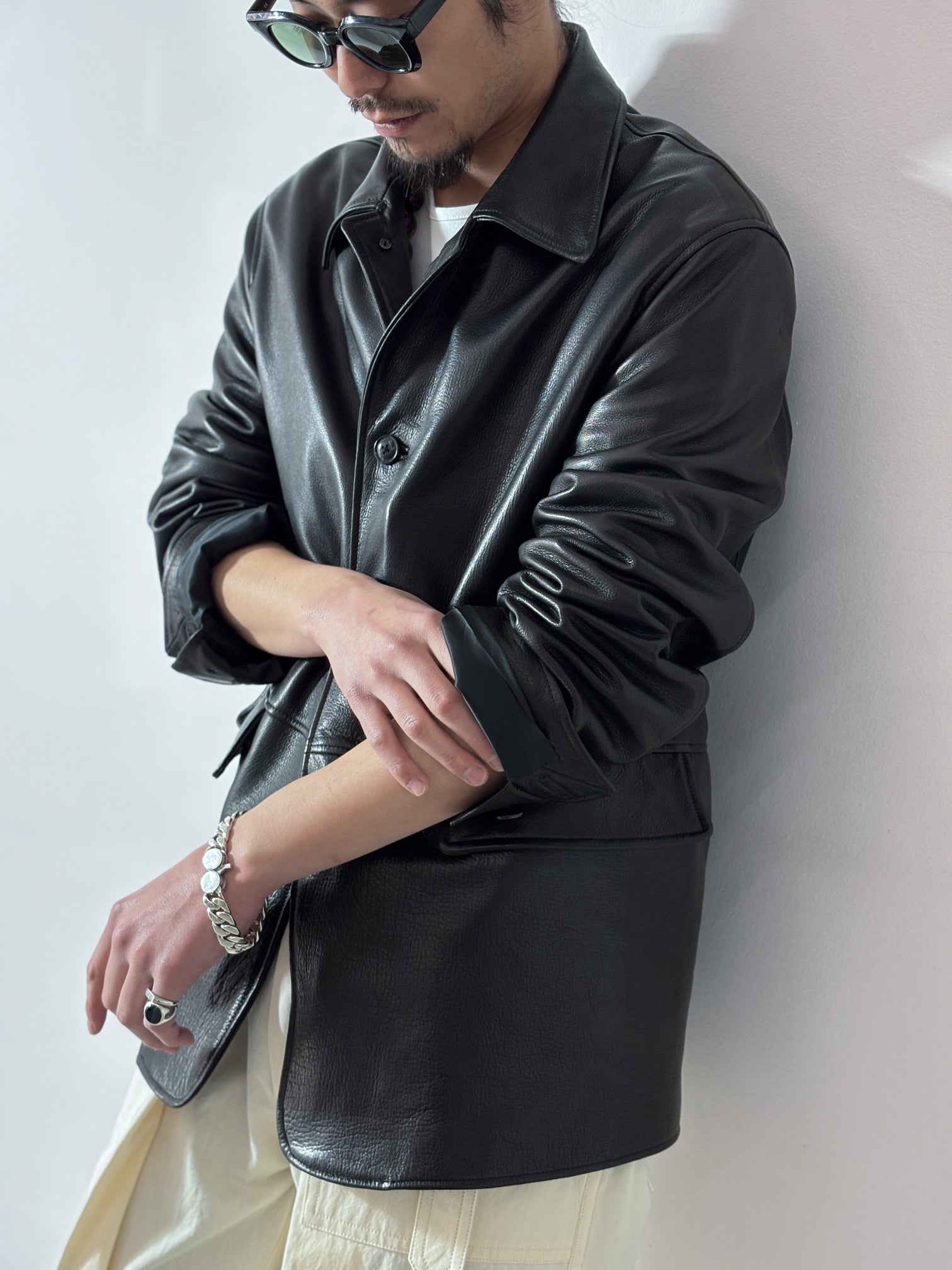 URU / LEATHER COVERALL JACKET (BLACK)